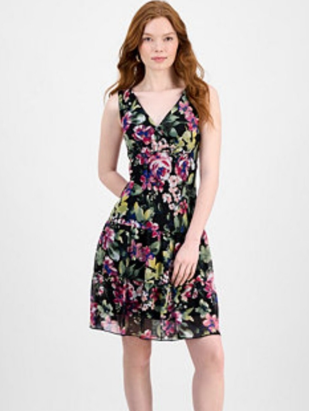 Connected Apparel NWT Black Floral Chiffon Fit Flare Dress Size 8 Cocktail